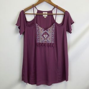 KNOX ROSE Cold Shoulder Boho Blouse Mauve Medium Embroidered Bodice